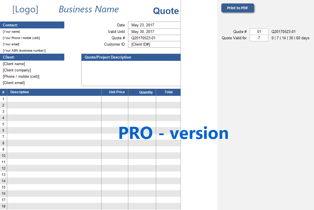 Quote Spreadsheet Template [Pro version] | ExcelSuperSite